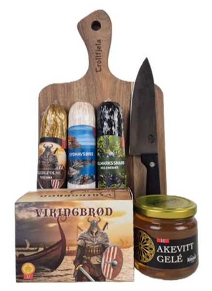 Hovedbilde Tre spekepølser med akevittgele og flatbrød