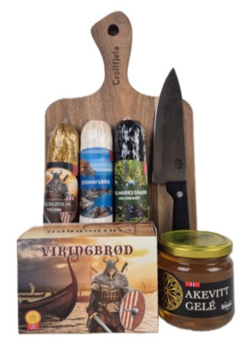 Tre spekepølser med akevittgele og flatbrød